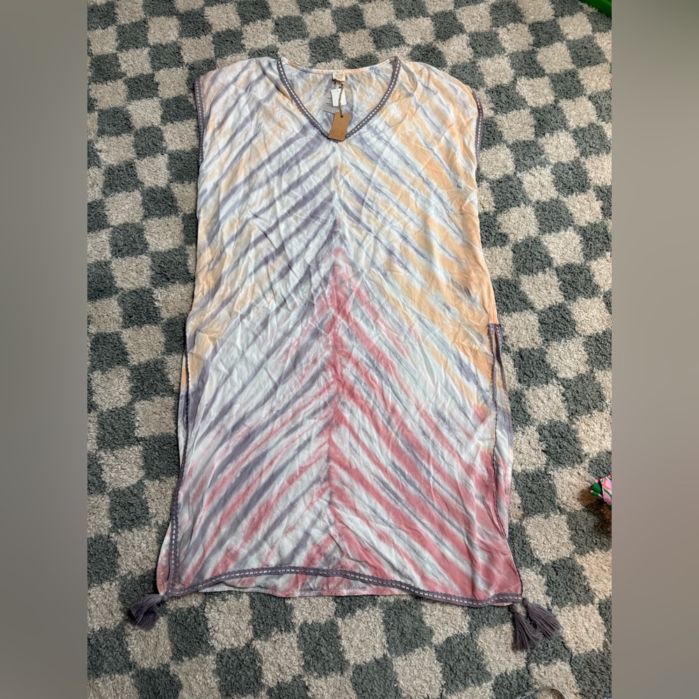 SURF GYPSY NWT NEW Tie Dye Rayon Placement Duster Cover Up Tassels Beach Summer